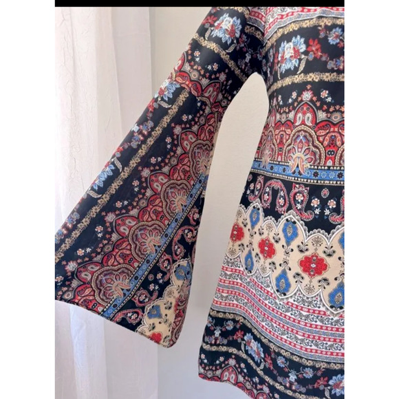 Y2K Boho Dress Colorful Paisley Mini Bell sleeves sz S USA Gypsy Shift - Picture 3 of 6